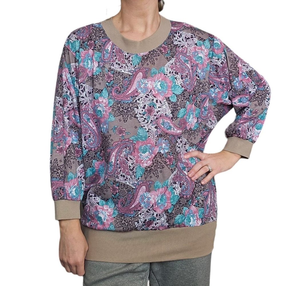 Vintage 80s Paisley Tan Floral Tunic Top Pink Teal Longsleeve M/L Casual Granny